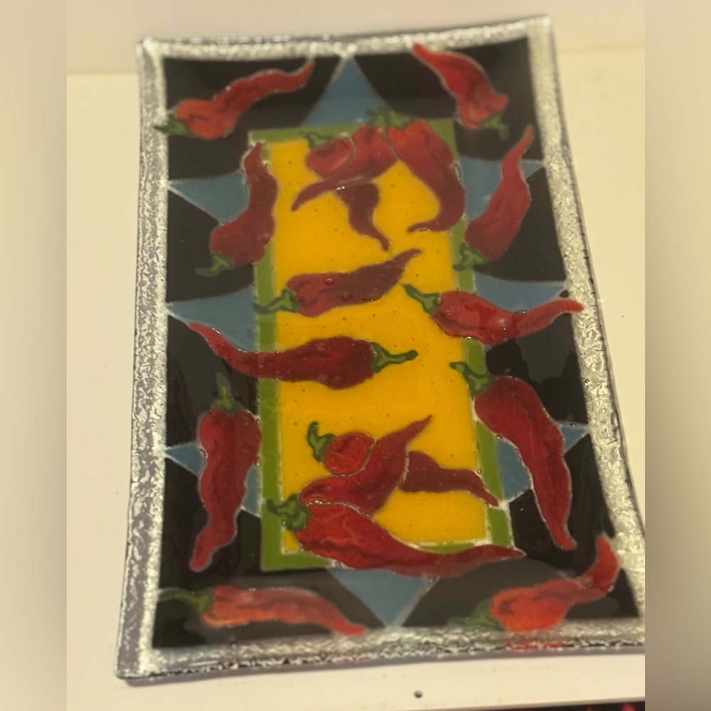 Vibrant Chili Pepper Fused Glass Rectangular Plate. 13.5”x8”.